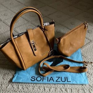 Faux Leather Mini Tote Bag with Detachable Shoulder Strap and Bonus Pouch